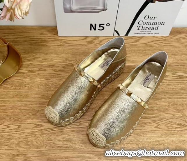 Good Quality Valentino Rockstud Platform Espadrilles 2cm in Grained Calfskin Gold 0426095