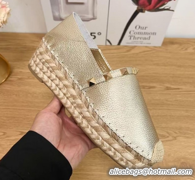 Good Quality Valentino Rockstud Platform Espadrilles 2cm in Grained Calfskin Gold 0426095