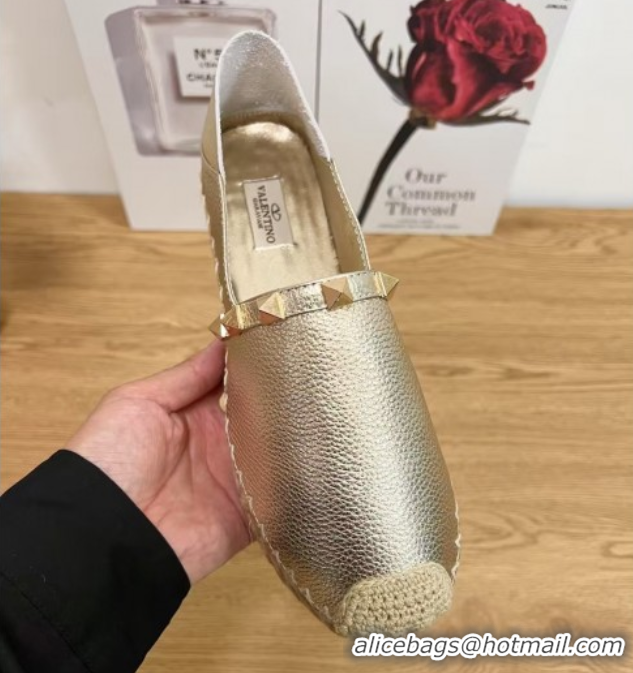 Good Quality Valentino Rockstud Platform Espadrilles 2cm in Grained Calfskin Gold 0426095