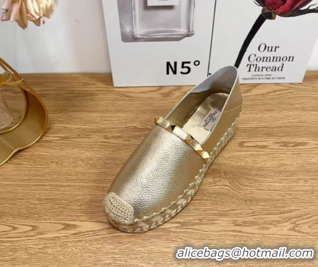 Good Quality Valentino Rockstud Platform Espadrilles 2cm in Grained Calfskin Gold 0426095
