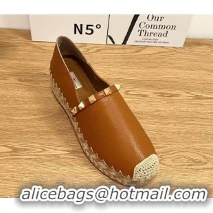 Good Looking Valentino Rockstud Platform Espadrilles 2cm in Grained Calfskin Brown 0426096