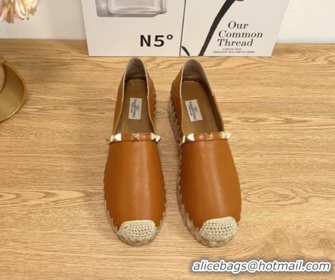 Good Looking Valentino Rockstud Platform Espadrilles 2cm in Grained Calfskin Brown 0426096
