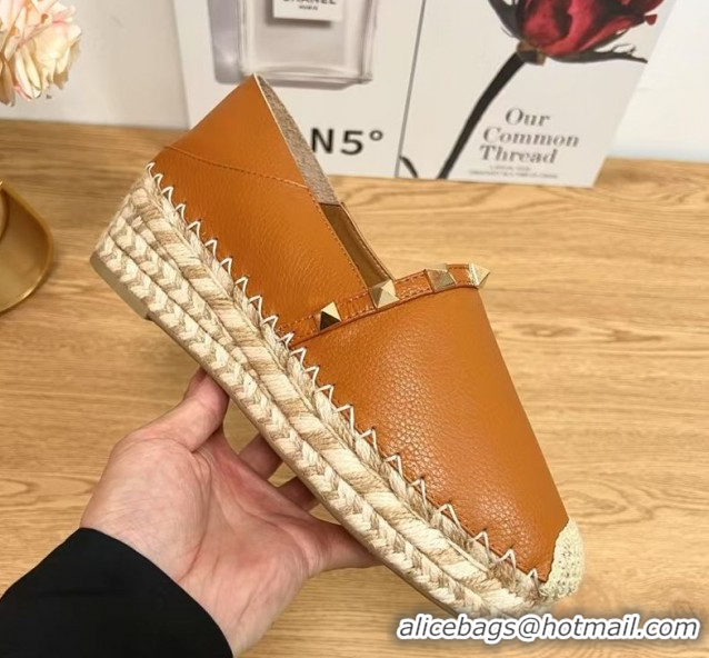 Good Looking Valentino Rockstud Platform Espadrilles 2cm in Grained Calfskin Brown 0426096