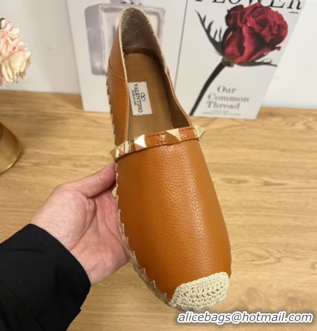 Good Looking Valentino Rockstud Platform Espadrilles 2cm in Grained Calfskin Brown 0426096