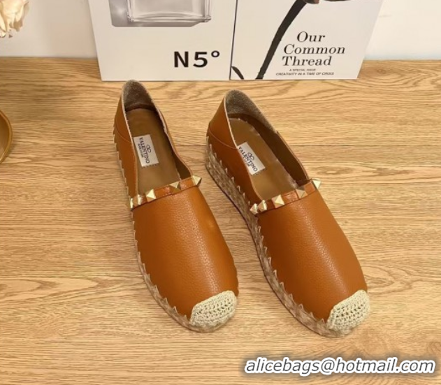 Good Looking Valentino Rockstud Platform Espadrilles 2cm in Grained Calfskin Brown 0426096