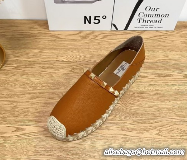 Good Looking Valentino Rockstud Platform Espadrilles 2cm in Grained Calfskin Brown 0426096