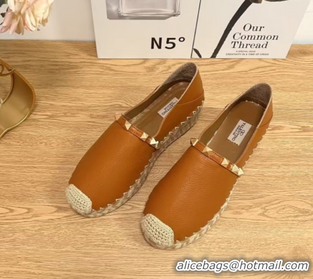 Good Looking Valentino Rockstud Platform Espadrilles 2cm in Grained Calfskin Brown 0426096