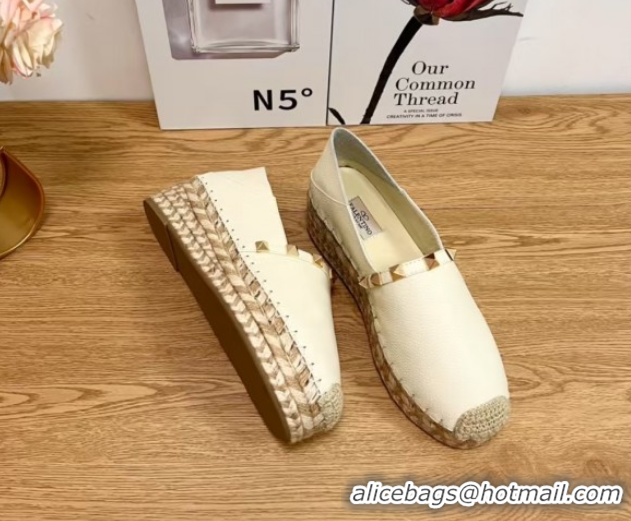 Most Popular Valentino Rockstud Platform Espadrilles 2cm in Grained Calfskin White 50426097