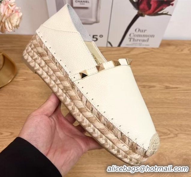 Most Popular Valentino Rockstud Platform Espadrilles 2cm in Grained Calfskin White 50426097
