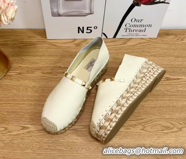 Most Popular Valentino Rockstud Platform Espadrilles 2cm in Grained Calfskin White 50426097
