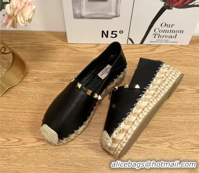 Unique Style Valentino Rockstud Platform Espadrilles 2cm in Grained Calfskin Black 50426098