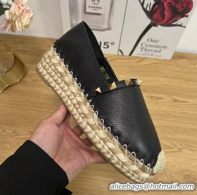 Unique Style Valentino Rockstud Platform Espadrilles 2cm in Grained Calfskin Black 50426098
