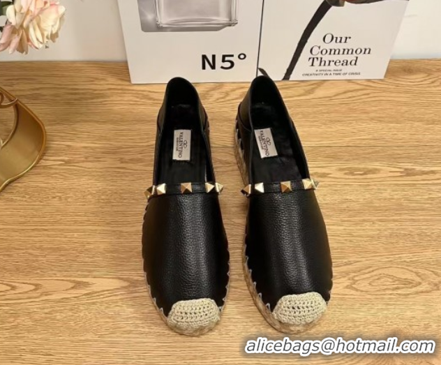 Unique Style Valentino Rockstud Platform Espadrilles 2cm in Grained Calfskin Black 50426098