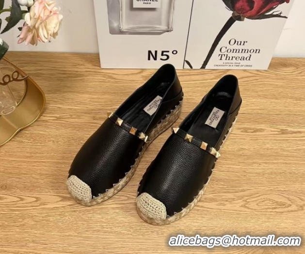 Unique Style Valentino Rockstud Platform Espadrilles 2cm in Grained Calfskin Black 50426098