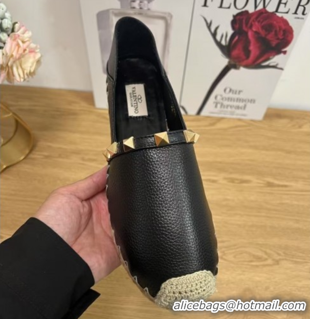 Unique Style Valentino Rockstud Platform Espadrilles 2cm in Grained Calfskin Black 50426098