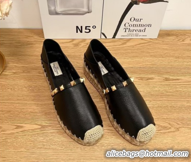 Unique Style Valentino Rockstud Platform Espadrilles 2cm in Grained Calfskin Black 50426098