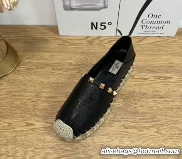 Unique Style Valentino Rockstud Platform Espadrilles 2cm in Grained Calfskin Black 50426098
