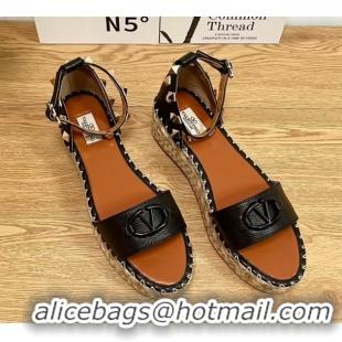 Best Product Valentino Vlogo Platform Espadrille Sandals in Grained Calfskin Black 0426099