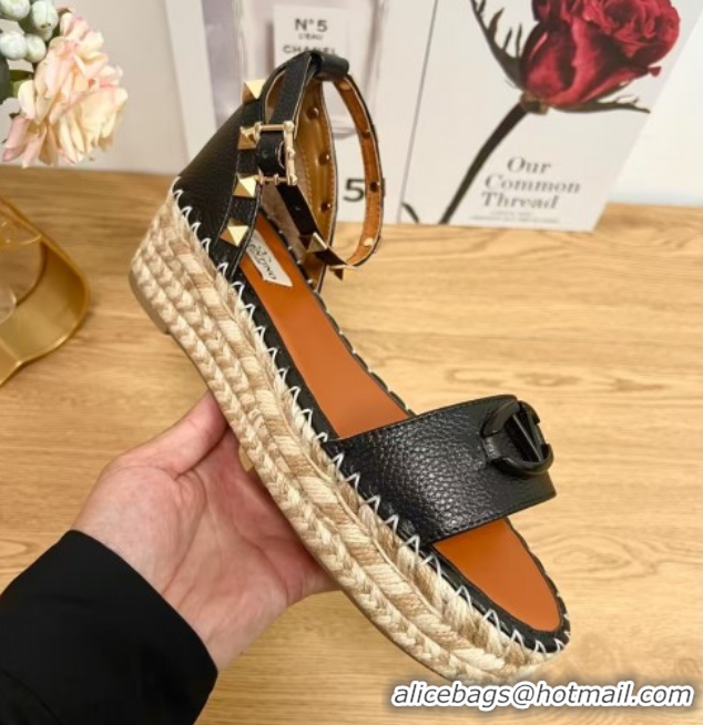 Best Product Valentino Vlogo Platform Espadrille Sandals in Grained Calfskin Black 0426099