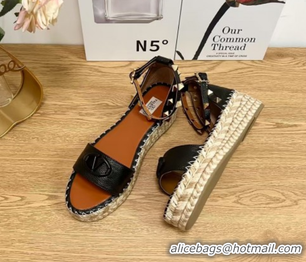 Best Product Valentino Vlogo Platform Espadrille Sandals in Grained Calfskin Black 0426099