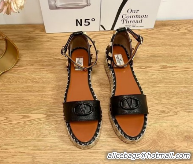 Best Product Valentino Vlogo Platform Espadrille Sandals in Grained Calfskin Black 0426099
