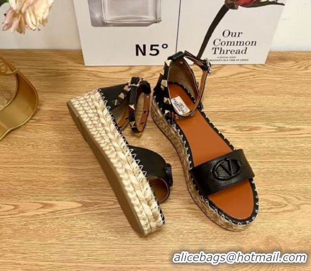 Best Product Valentino Vlogo Platform Espadrille Sandals in Grained Calfskin Black 0426099