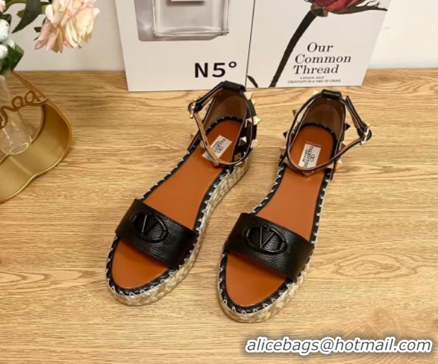 Best Product Valentino Vlogo Platform Espadrille Sandals in Grained Calfskin Black 0426099
