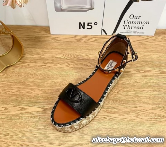 Best Product Valentino Vlogo Platform Espadrille Sandals in Grained Calfskin Black 0426099