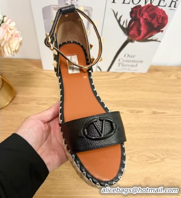 Best Product Valentino Vlogo Platform Espadrille Sandals in Grained Calfskin Black 0426099