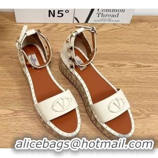 Best Grade Valentino Vlogo Platform Espadrille Sandals in Grained Calfskin White 0426100