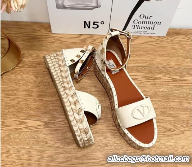 Best Grade Valentino Vlogo Platform Espadrille Sandals in Grained Calfskin White 0426100