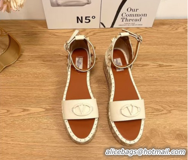 Best Grade Valentino Vlogo Platform Espadrille Sandals in Grained Calfskin White 0426100