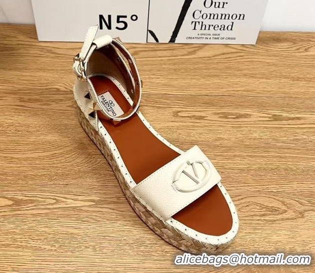 Best Grade Valentino Vlogo Platform Espadrille Sandals in Grained Calfskin White 0426100