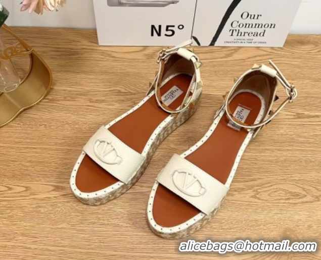 Best Grade Valentino Vlogo Platform Espadrille Sandals in Grained Calfskin White 0426100
