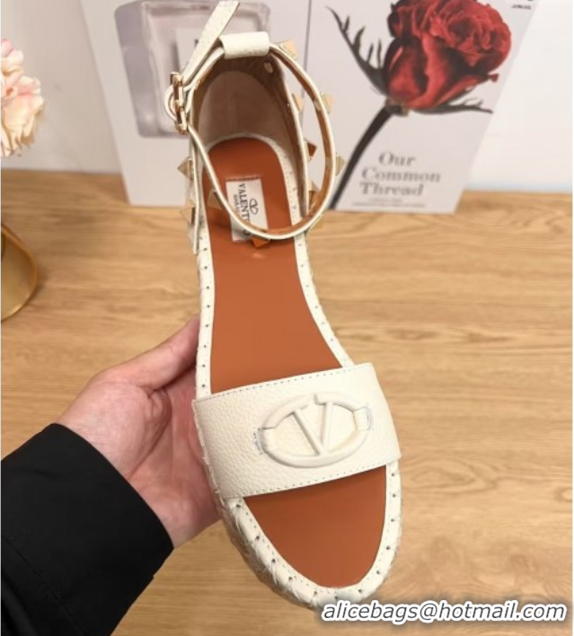 Best Grade Valentino Vlogo Platform Espadrille Sandals in Grained Calfskin White 0426100