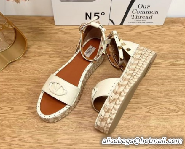 Best Grade Valentino Vlogo Platform Espadrille Sandals in Grained Calfskin White 0426100