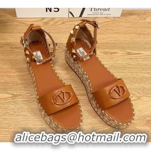 Discount Fashion Valentino Vlogo Platform Espadrille Sandals in Grained Calfskin Brown 0426101