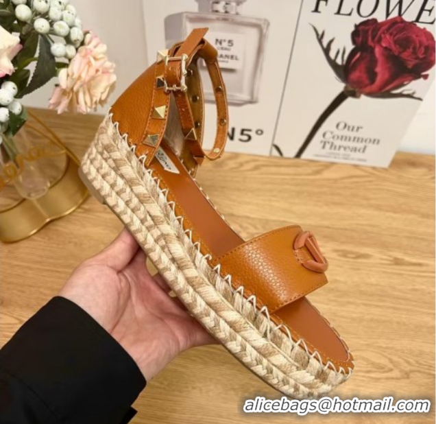 Discount Fashion Valentino Vlogo Platform Espadrille Sandals in Grained Calfskin Brown 0426101