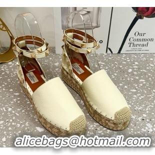 Classic Specials Valentino Rockstud Platform Espadrilles in Grained Calfskin with Ankle Strap White 50426102