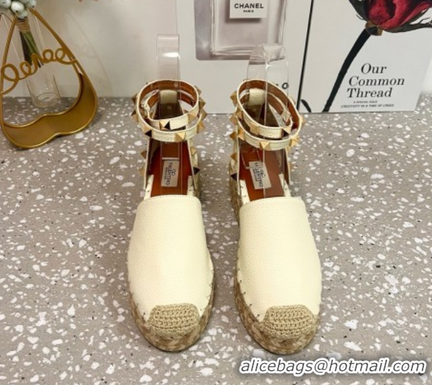 Classic Specials Valentino Rockstud Platform Espadrilles in Grained Calfskin with Ankle Strap White 50426102