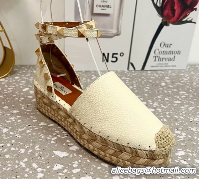 Classic Specials Valentino Rockstud Platform Espadrilles in Grained Calfskin with Ankle Strap White 50426102