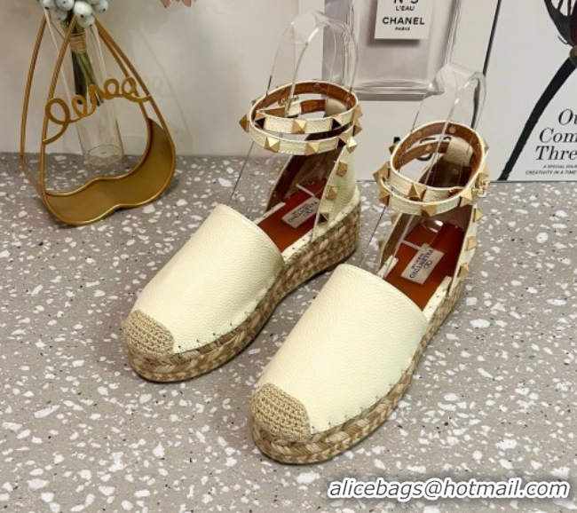 Classic Specials Valentino Rockstud Platform Espadrilles in Grained Calfskin with Ankle Strap White 50426102