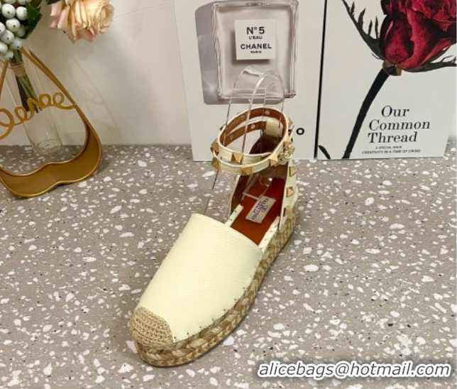 Classic Specials Valentino Rockstud Platform Espadrilles in Grained Calfskin with Ankle Strap White 50426102