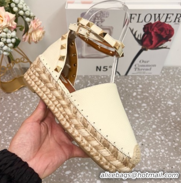 Classic Specials Valentino Rockstud Platform Espadrilles in Grained Calfskin with Ankle Strap White 50426102
