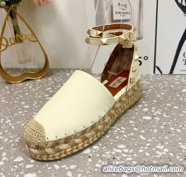 Classic Specials Valentino Rockstud Platform Espadrilles in Grained Calfskin with Ankle Strap White 50426102