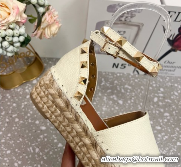 Classic Specials Valentino Rockstud Platform Espadrilles in Grained Calfskin with Ankle Strap White 50426102