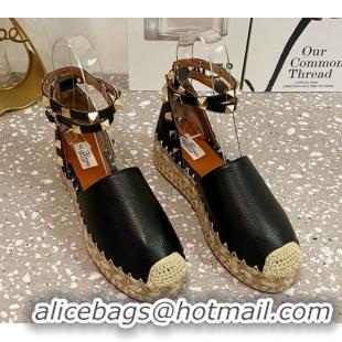 Best Price Valentino Rockstud Platform Espadrilles in Grained Calfskin with Ankle Strap Black 50426103