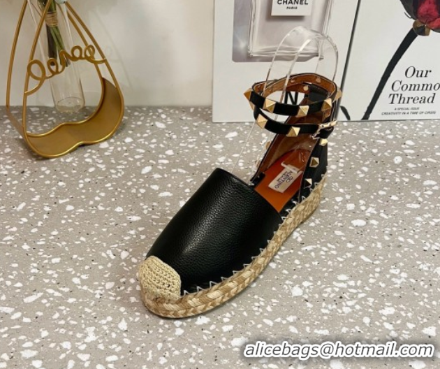 Best Price Valentino Rockstud Platform Espadrilles in Grained Calfskin with Ankle Strap Black 50426103