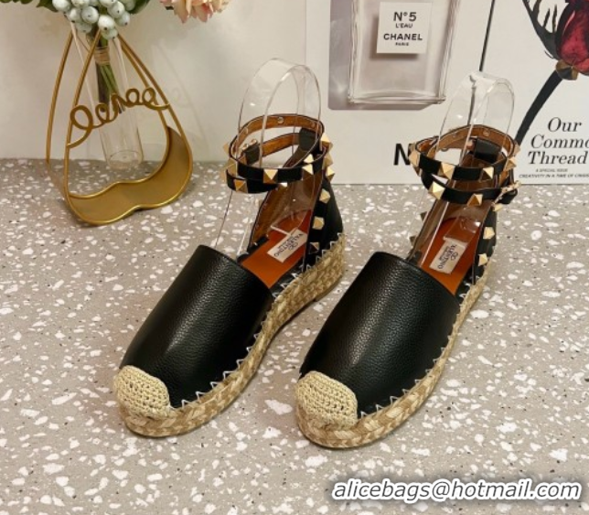 Best Price Valentino Rockstud Platform Espadrilles in Grained Calfskin with Ankle Strap Black 50426103