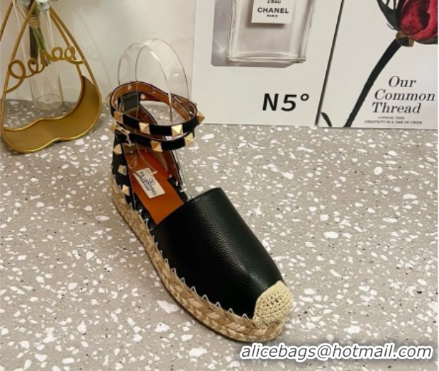 Best Price Valentino Rockstud Platform Espadrilles in Grained Calfskin with Ankle Strap Black 50426103